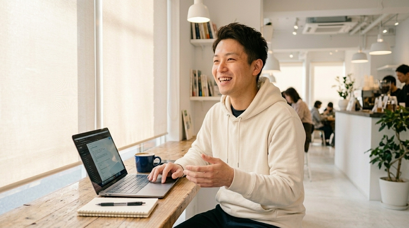Work & Study CUBE のワークスペースでノートPCに向かって作業するフリーランスの男性